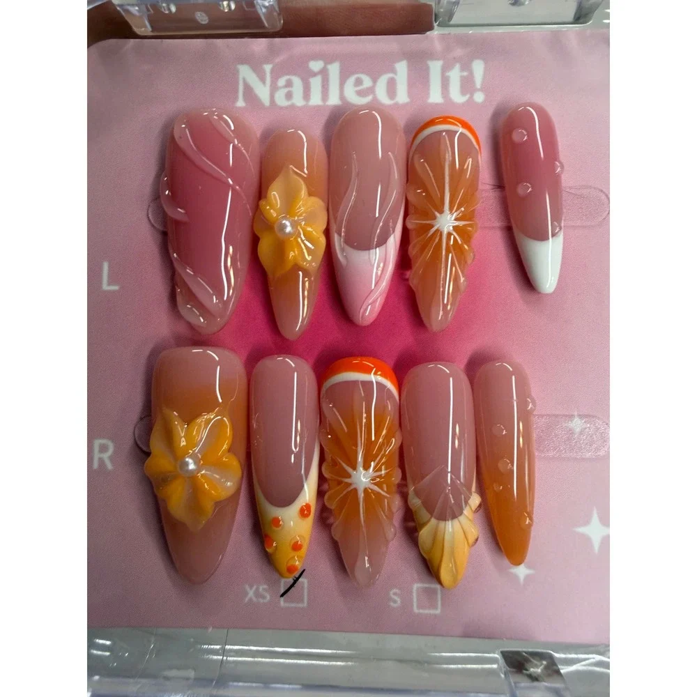 Nailed It! 3D Citrus Floral Press On Nails XS Orange Pink Summer Fruit Art Set